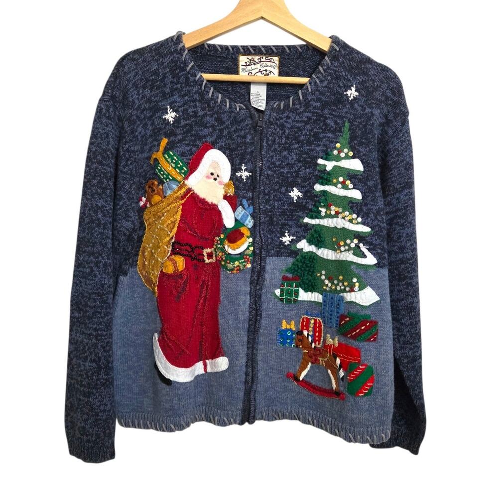 Vintage Heirloom Collectibles Santa Applique Beaded Full Zip Sweater LARGE -Flaw